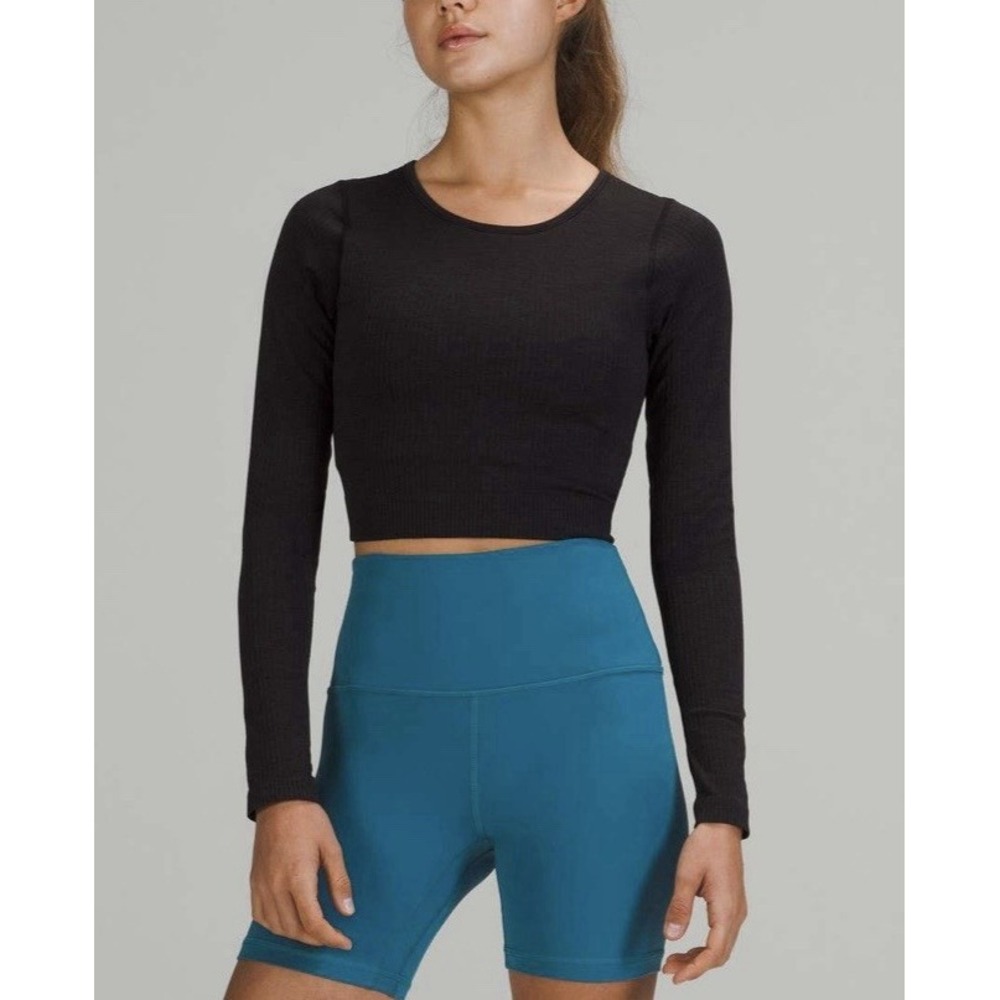 NEW Lululemon Ebb to Street Long Sleeve Shirt 6 Crop Black Built in Bra W3DZNS